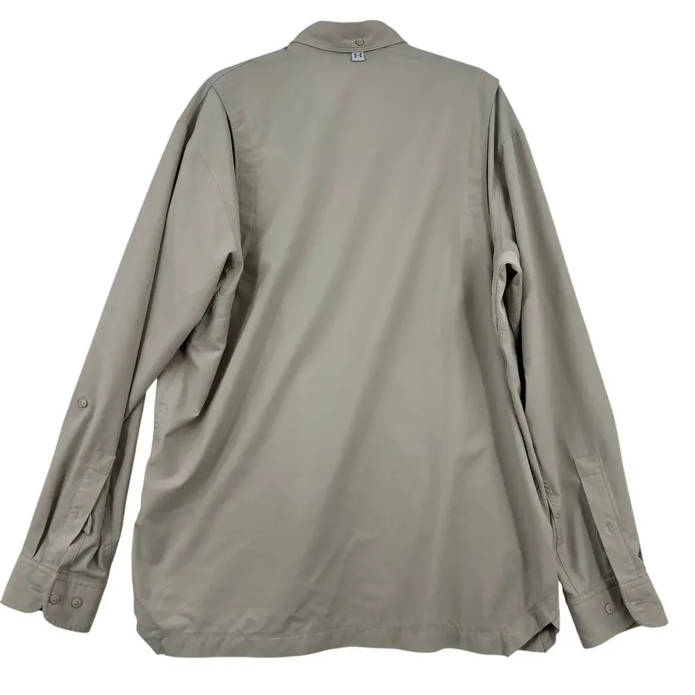 Under Armour Button Shirt Mens L Tan Fishing Redox Logo Roll Tab Sleeve Vented